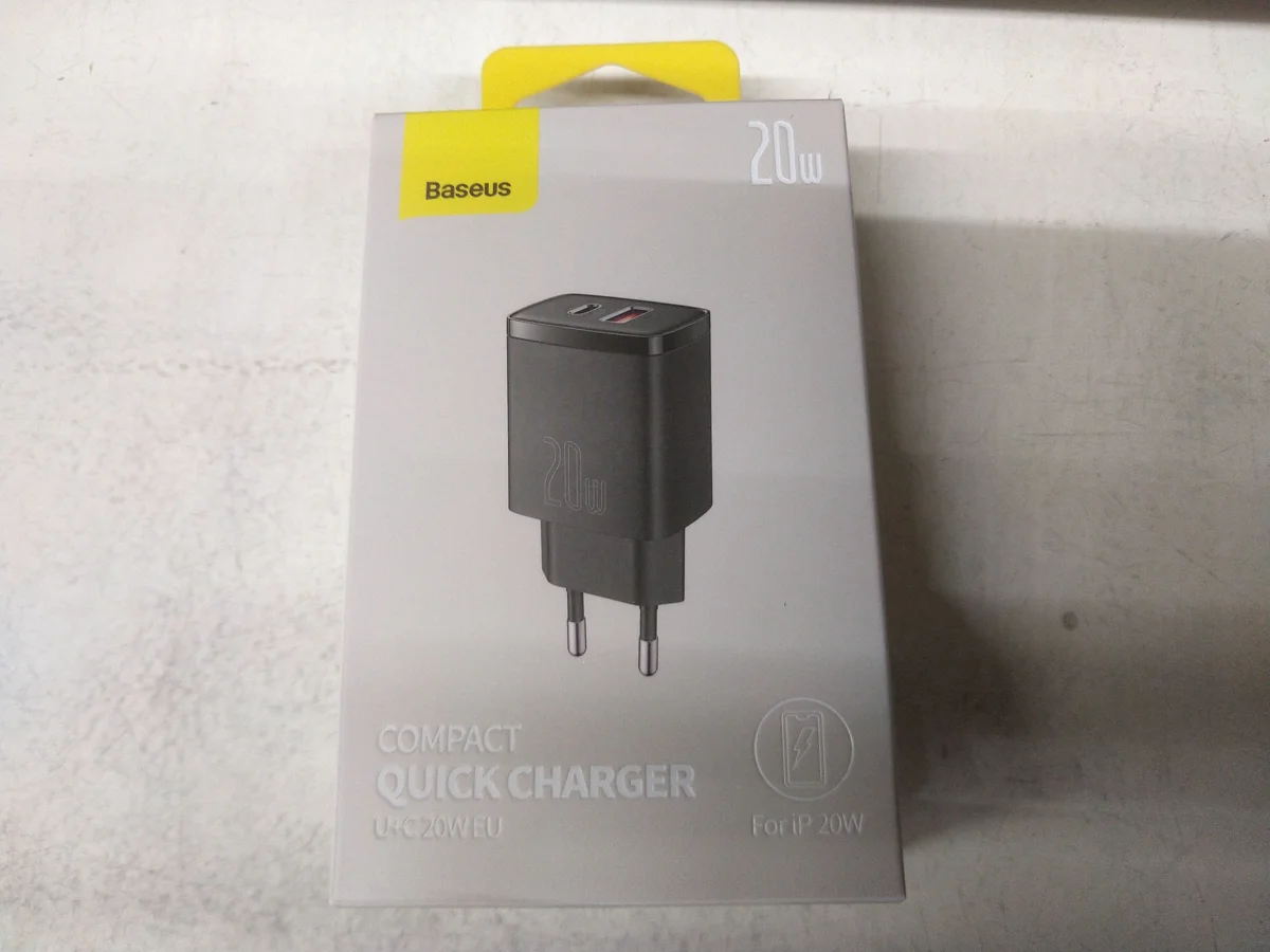Front of Baseus Compact Quick Charger CCCP20UE packaging — charger is illustrated on the box, not photographed loose